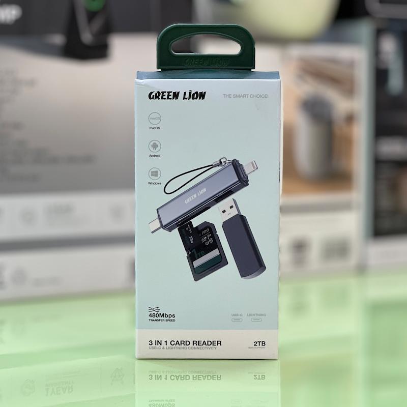 تبدیل کارت حافظه و فلش به type-c و لایتنینگ برند گرین لاین مدل 3 in 1 card reader