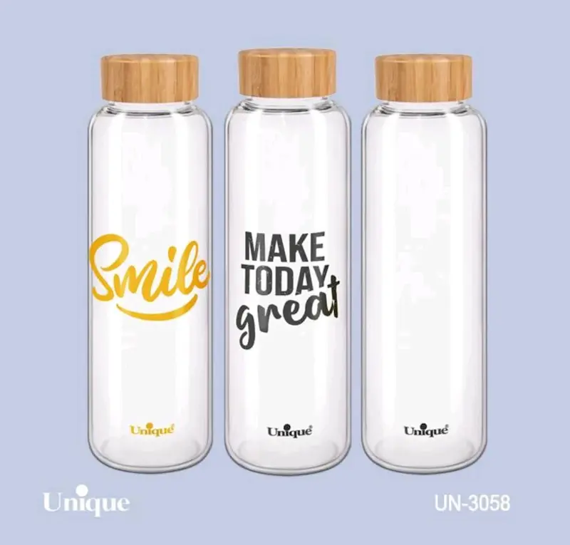 بطری آب شیشه ای یونیک Unique با درب بامبو 1030 میل کد UN-3058