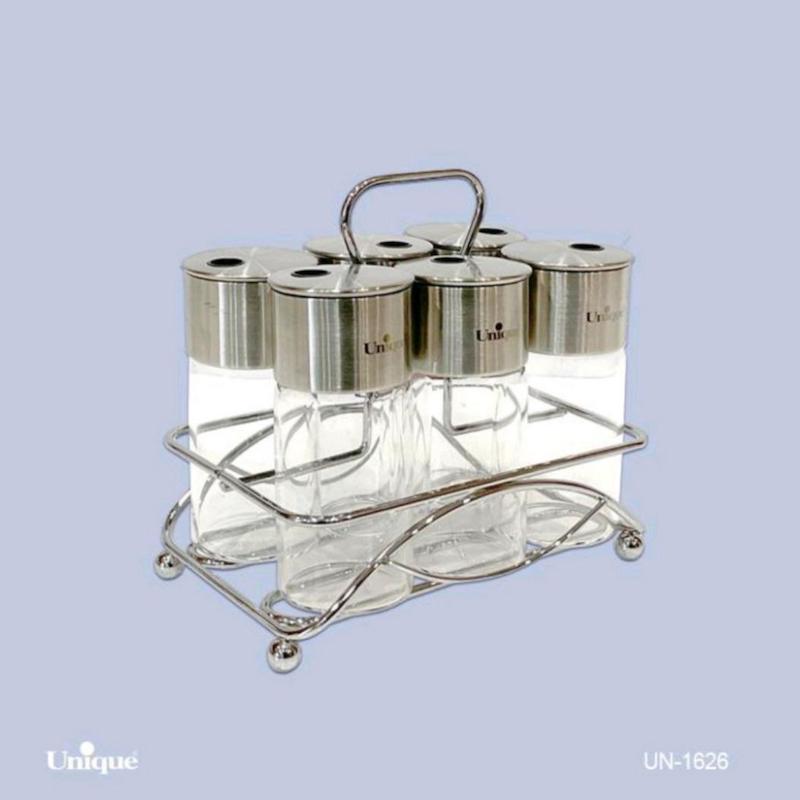 ست جا ادویه مستطیل 6 عددی پیرکس درب استیل یونیک Unique کد UN-1626