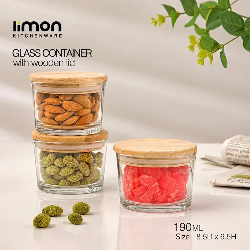 ظرف شیشه گرد 190 میلی لیتر درب چوب لیمون کد 2193