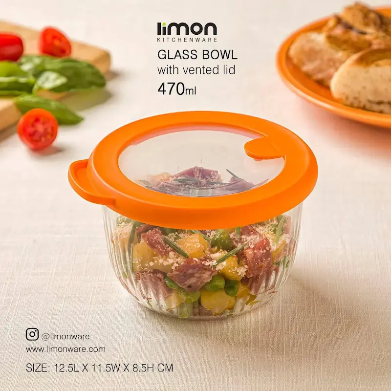 کاسه گرد شیشه ای دربدار شیاردار 470 میلی لیتر لیمون کد 2221