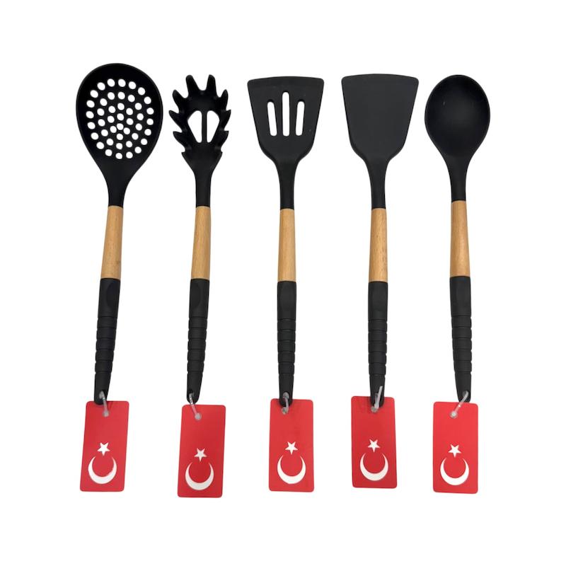 سرویس کفگیر و ملاقه ۵ پارچه سیلیکونی دسته بامبو کاراجا ساخت ترکیه