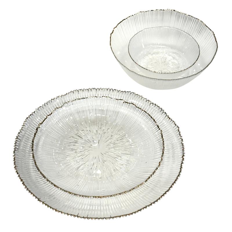 سرویس غذا خوری بلور لبه طلایی وارداتی مدل شیاردار