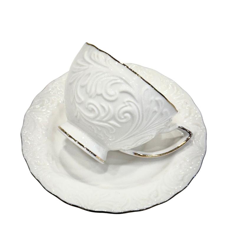 فنجان و نعلبکی قهوه خوری ۶ عددی وارداتی گلدار سفید طرح برجسته