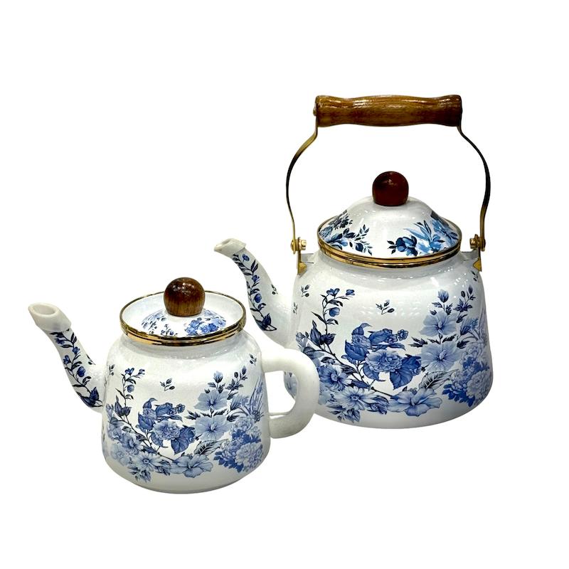 کتری و قوری لعابی گلدار آبی ۲.۵ لیتر