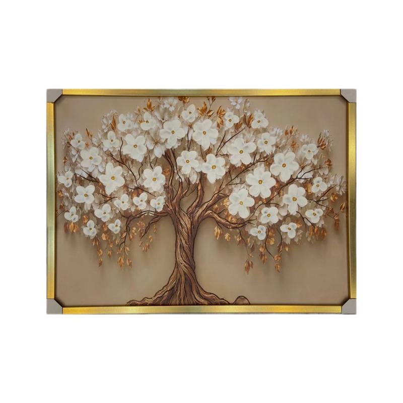 تابلو دکوراتیو برجسته طرح درخت شکوفه بهاری سفید 110×80 با فریم PVC طلایی