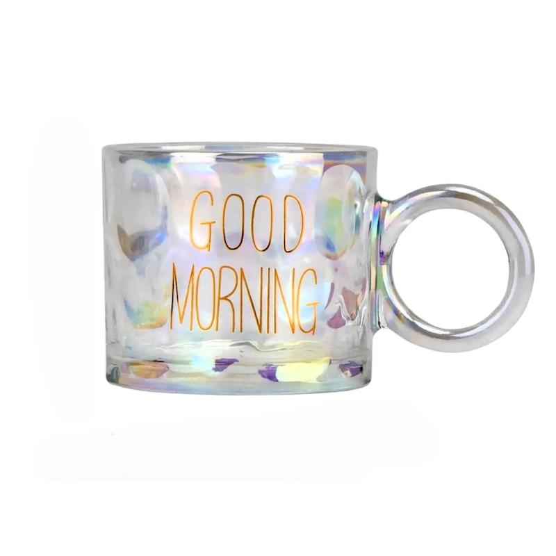 لیوان بلوری هولوگرامی دفرمه با دسته حلقه‌ای و طرح Good Morning