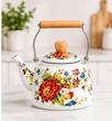 کتری لعابی تک مدل گلدار با دسته چوبی 1.5 لیتری