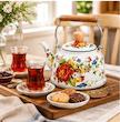 کتری لعابی تک مدل گلدار با دسته چوبی 1.5 لیتری