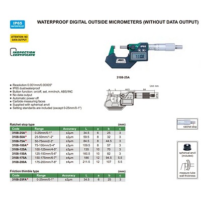 میکرومتر خارج دیجیتال اینسایز 0-25 کد 25-3108