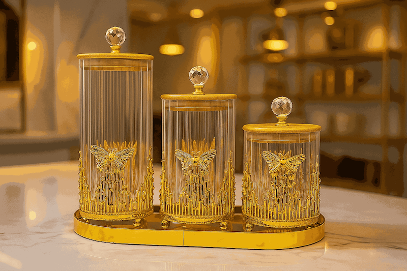 101292 بانکه سه عددی طرح پروانه و گوی کریستال 