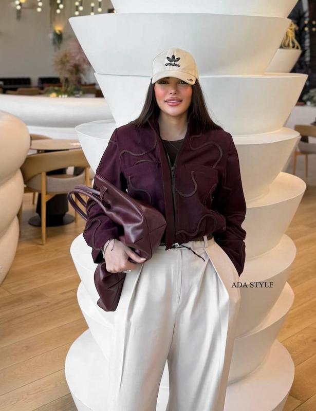 بامبر فوتر زرشکی با نواردوزی قهوه ای زیپدار