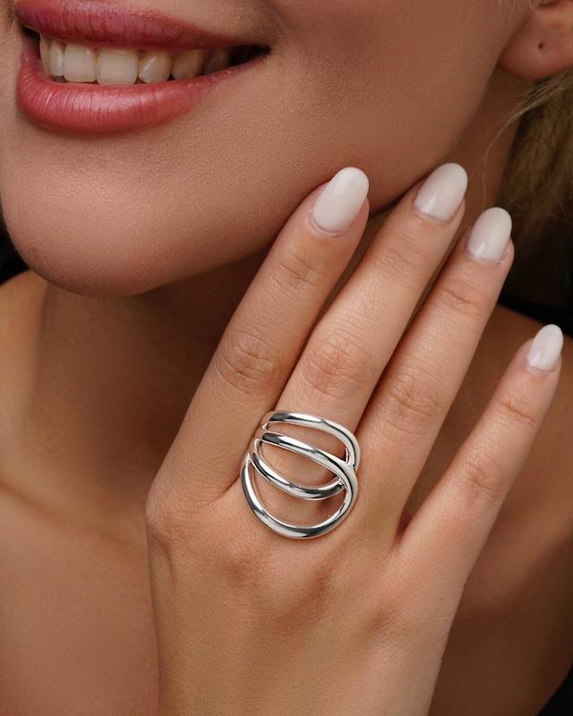 انگشتر زنانه وارداتی طرح Round crooked رنگ نقره ای فری سایز