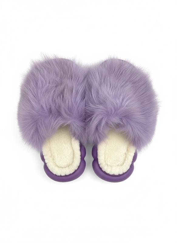 روفرشی و اسلیپر زنانه وارداتی کفی حوله ای  رو بسته طرح خزدار بنفش 