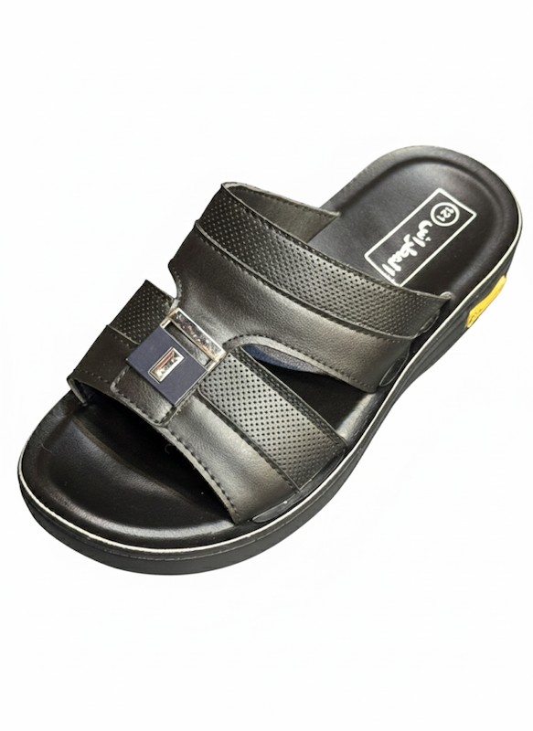 دمپایی و صندل چرم مردانه کفی طبی رویه چرم مشکی طرح المطراش