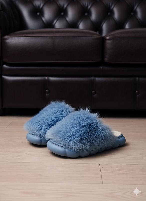 روفرشی و اسلیپر زنانه وارداتی کفی حوله ای و EVA رنگ آبی مدل خزدار ساده
