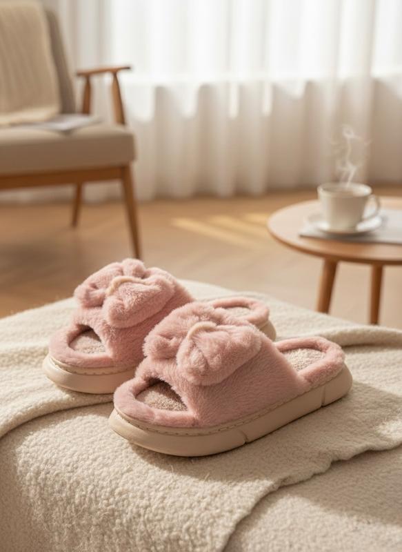 روفرشی و اسلیپر زنانه کفی حوله ای لژدار رنگ صورتی طرح پاپوش پاپیون