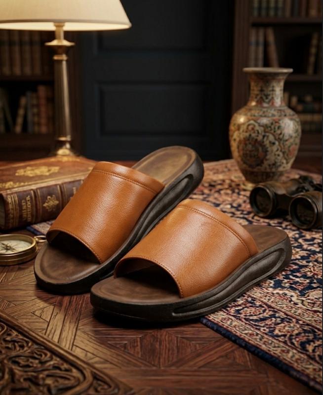 صندل و دمپایی چرم مردانه کفی طبی طرح داریا رنگ عسلی برند شیما