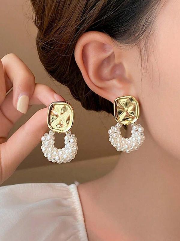 گوشواره زنانه وارداتی طرح حلقه مروارید رنگ طلایی برند shein