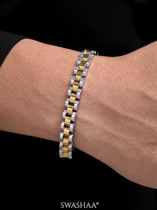 دستبند زنانه و مردانه وارداتی طرح Rolex رولکس دو رنگ طلایی و نقره ای 