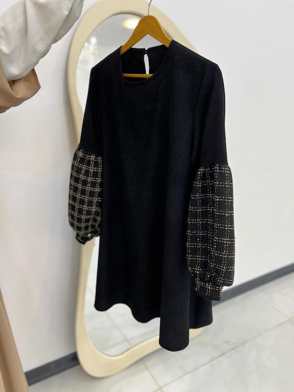 مانتو مخمل کبریتی استین فانوسی مشکی طلایی