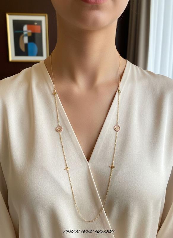 گردنبند طلا مدرن،گردنبند طلا با زنجیر ۴۵ سانتی،زنجیر‌ سبک و نازک،آویز مینیمال ،گردنبند فانتزی و خاص/گردنبند رو لباسی بلند