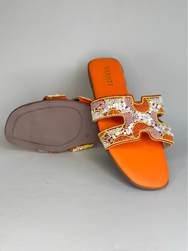 صندل دمپایی چرم زنانه طرح هرمس سنگی نارنجی