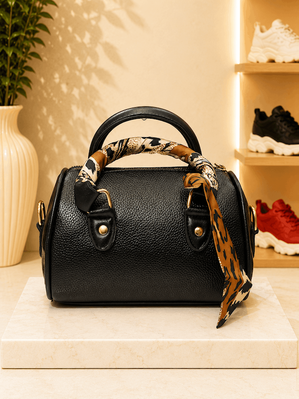 کیف دستی زنانه مشکی مدل استوانه‌ای با دستگیره و روسری15*18