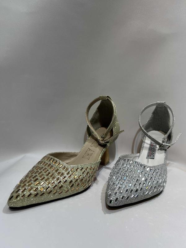  کفش مجلسی سنگی نگین دار نقره ای و طلایی