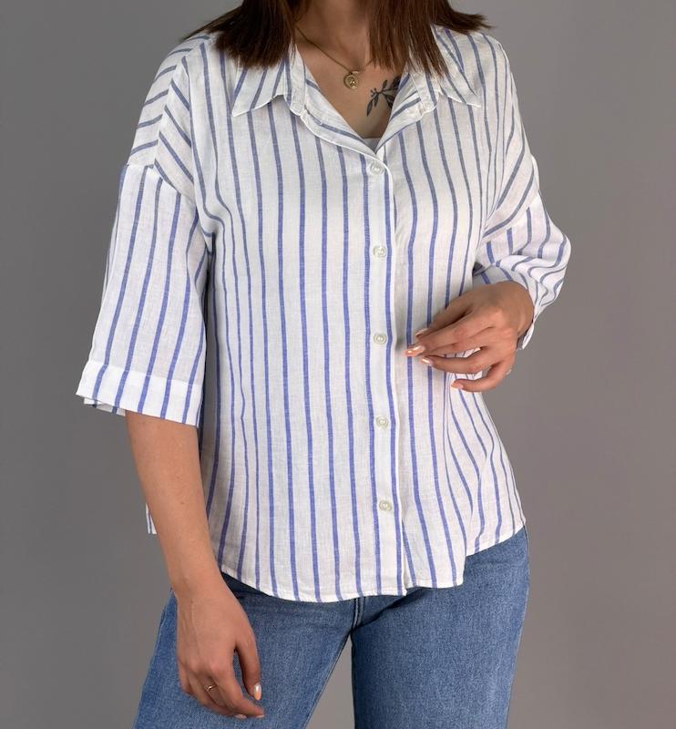 شومیز کراپ زنانه لینن راه راه اچ اند ام_کد 1019