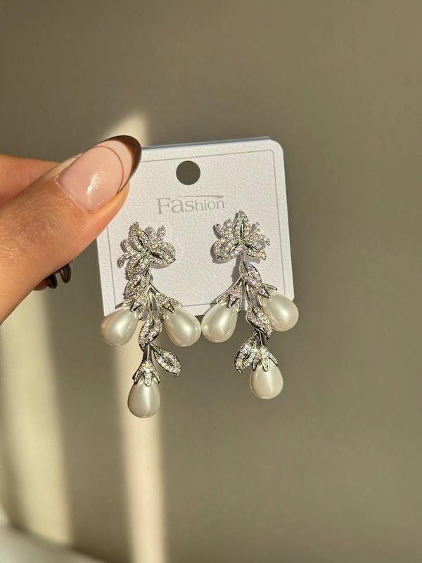 گوشواره جواهری طرح مروارید سه شاخه