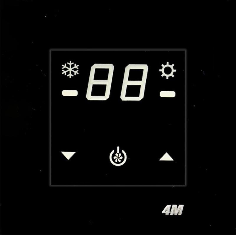 ترموستات روکار لمسی با کلید لمسی برای کنترل فن کوئل LED 4M با نصب روکار سایز 86*86*24 میلی متر مدل ترموستات لمسی روکار