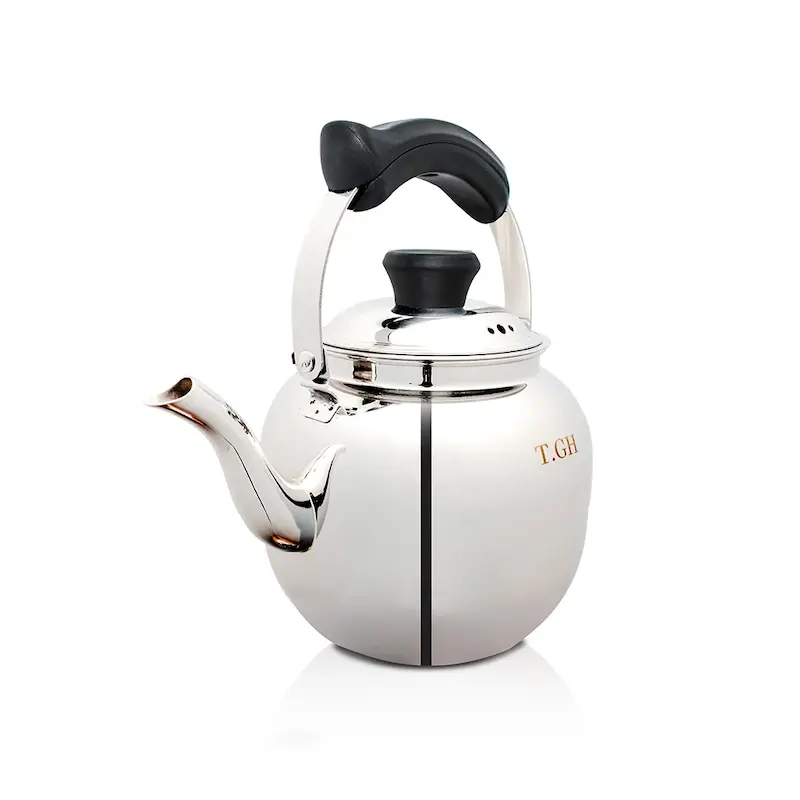 کتری لوله دار قیطاسی 3/5 لیتری مدل بیستون کد 40007-استیل براق،کف چدن،دستگیره باکالیت مشکی