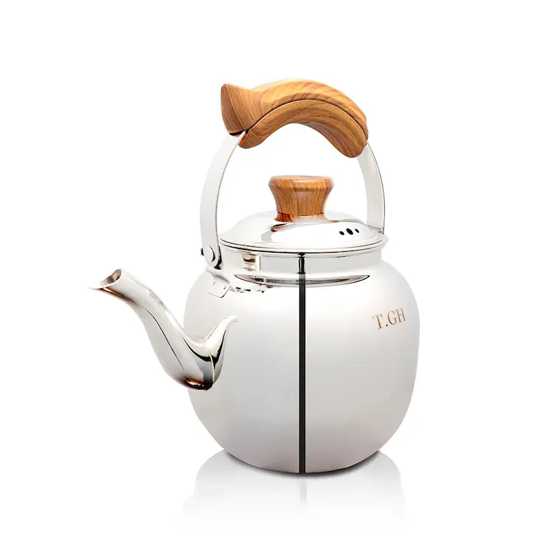 کتری لوله دار قیطاسی 3/5 لیتری مدل بیستون کد40009_استیل براق،کف چدن و دستگیره باکالیت طرح چوب