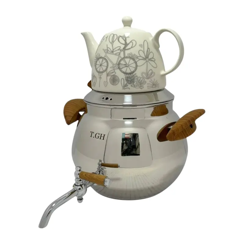 کتری قوری شیر دار قیطاسی 5 لیتری مدل تابناک کد5085_استیل براق کف چدن دستگیره باکالیت طرح چوب