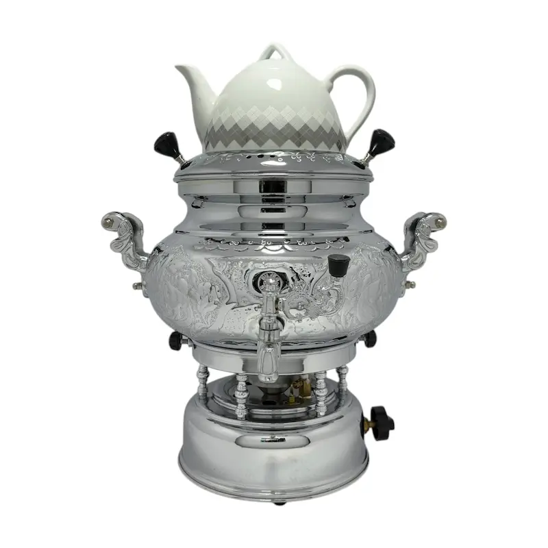 سماور گازسوز سیلور مدل ویکتوریا قلمکاری 7 لیتری_مجهز به ترموکوپل فوق سریع_قوری دارد