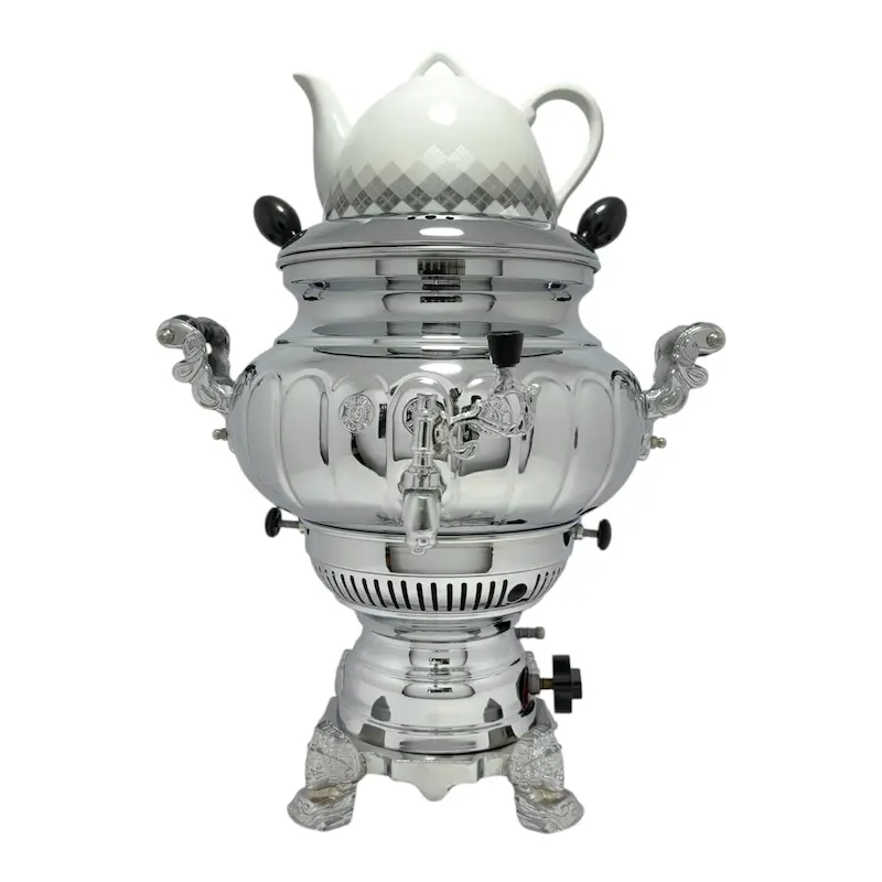 سماور گازسوز سیلور مدل ویکتوریا آیینه ای ظرفیت 7 لیتر_قوری دار