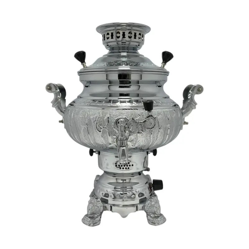 سماور گازسوز سیلور تنوره دار مدل ویکتوریا قلمکاری ظرفیت 7 لیتر