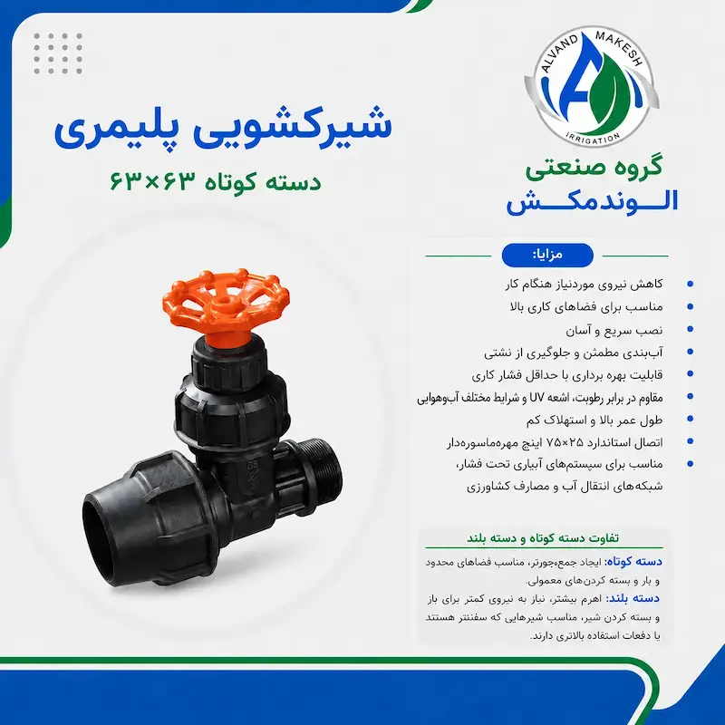 شیر کشویی پلیمری دسته کوتاه دوسر رابط ۶۳*۶۳