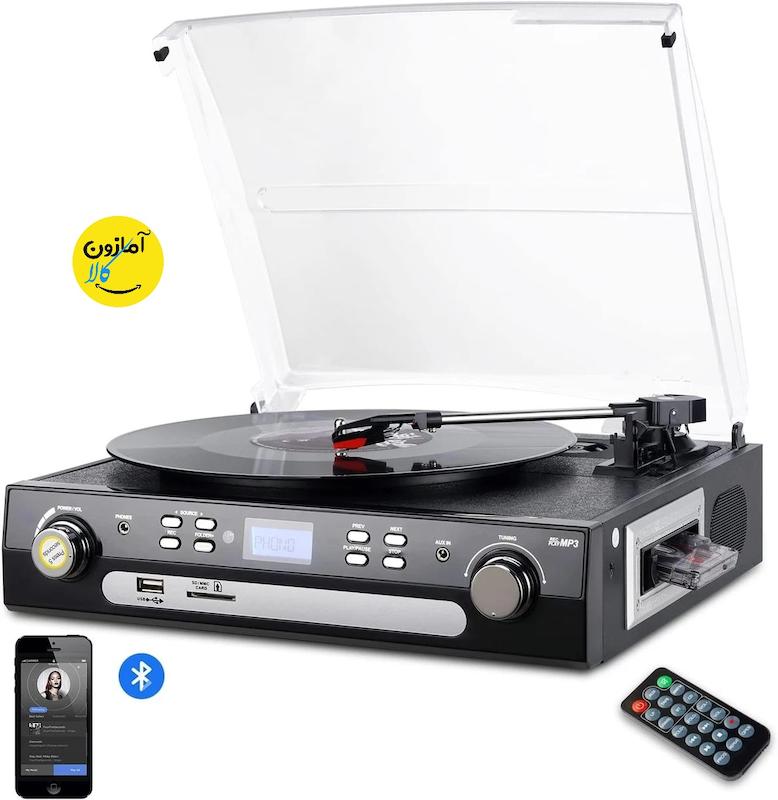 گرامافون بلوتوثی !DIGITNOW با بلندگوهای استریو،تبدیل وینیل به MP3 با قابلیت پخش کاست، رادیو AM/FM، کنترل از راه دور، پشتیبانی از USB/SD