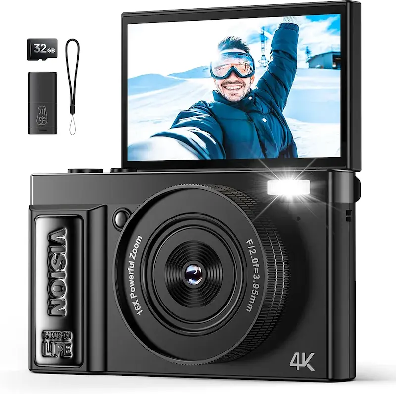 دوربین دیجیتال 4K برند GUEVWES دوربین 64 مگاپیکسلی برای فیلمبرداری - دوربین کامپکت با صفحه نمایش 180 درجه - دوربین با زوم 16 برابر
