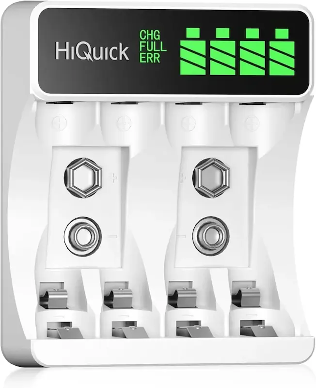 شارژر باتری HiQuick با 4 اسلات LCD برای باتری‌های قابل شارژ Ni-MH نیکل-کادمیوم قلمی (AA) و نیم‌قلمی (AAA)، ورودی Type-C و Micro USB، قابلیت شارژ سریع، فناوری تشخیص هوشمند