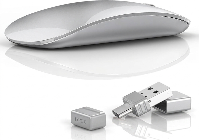 ماوس بلوتوث سایلنت برند Uiosmuph، قابل شارژ بی‌سیم USB C،   سه حالته BT5.1/5.0+2.4G، نشانگر باتری، گیرنده USB دو در یک نقره‌ای