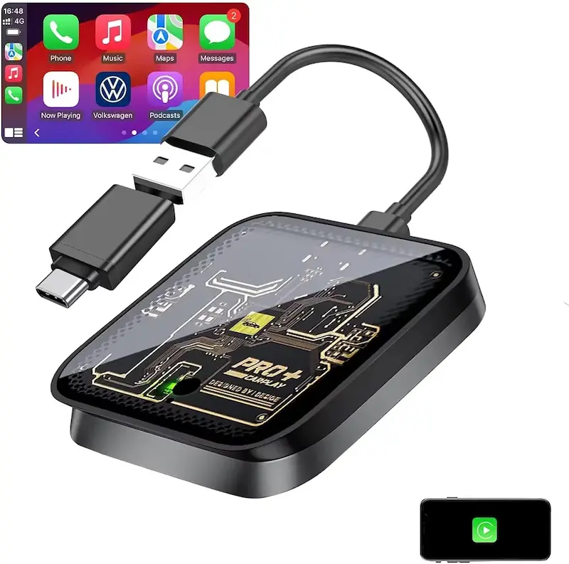 آداپتور ماشین سیمی به بی‌سیم مدل PL8 PLUS   ارتقا یافته ۲ در ۱ با CarPlay یا Android Auto، سرعت فوق‌العاده سریع، طراحی کم‌مصرف، وای‌فای دو بانده، فقط مناسب برای خودروهایی با CarPlay سیمی
