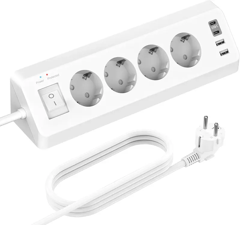 پریز گوشه‌ای 4 USB با کلید و 4پریز برند SUDEERY، پریز رومیزی محافظ نوسان برق با کابل 3 متری برای آشپزخانه (سفید)