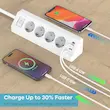 پریز گوشه‌ای 4 USB با کلید و 4پریز برند SUDEERY، پریز رومیزی محافظ نوسان برق با کابل 3 متری برای آشپزخانه (سفید)