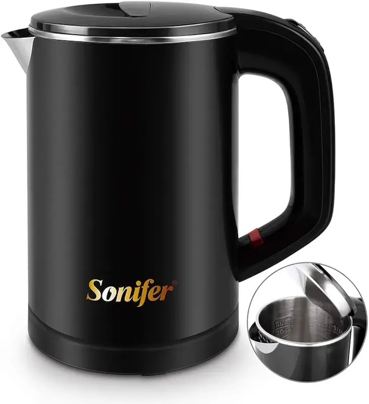 کتری مسافرتی ۰.۶ لیتری کمپینگ برند Sonifer مدل SF-2058استیل ضد زنگ، طراحی دو جداره، کتری چای ۸۰۰ واتی، جلوگیری از سوختگی، گرمایش بی‌صدا | صرفه‌جویی در مصرف انرژی (مشکی)