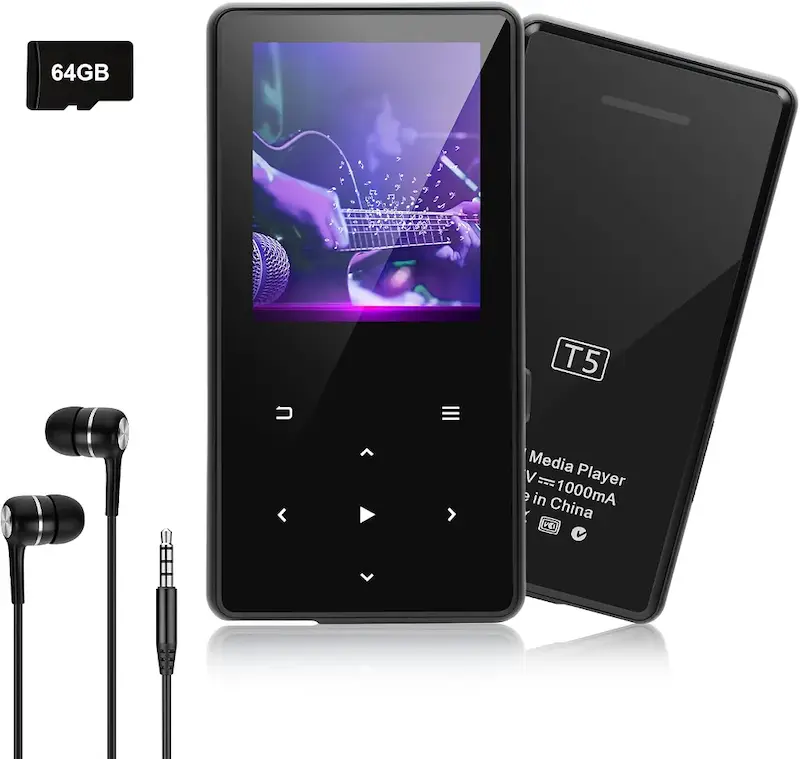 پخش‌کننده MP3  برند Cetoon مدلT5با ظرفیت 64 گیگابایتSD و بلوتوث 5.3 - پخش‌کننده موسیقی با بلندگو، صدای های‌فای، قابلیت کتاب الکترونیکی، رادیو FM - دکمه‌های لمسی، هدفون