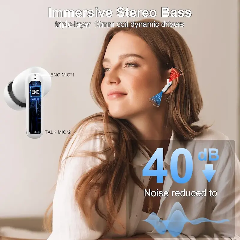 هدفون بلوتوث nerunsa مدل D60pro، هدفون بی‌سیم بلوتوث، 49 ساعت پخش، هدفون با 4 میکروفون حذف نویز ENC، ضد آب