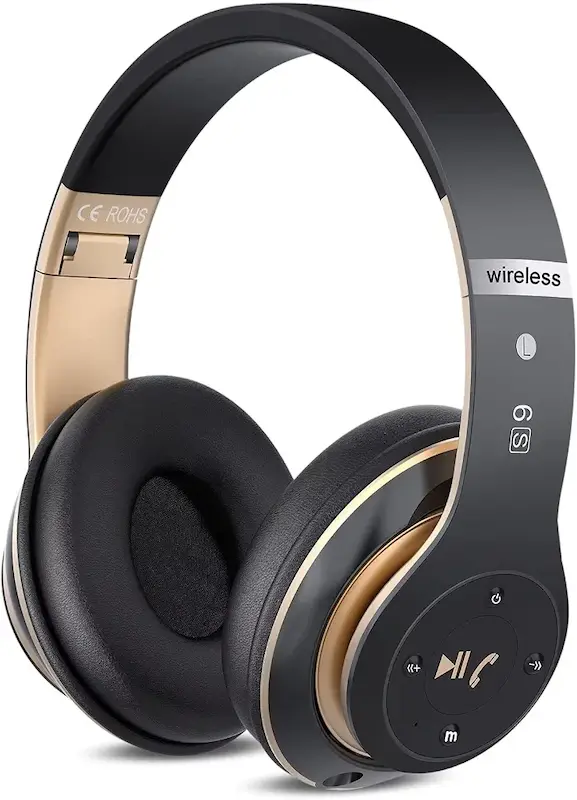 هدفون بی‌سیم بلوتوث روگوشی 6S، هدفون استریو بی‌سیم تاشو Hi-Fi با میکروفون داخلی، کنترل صدا، FM برای موبایل/کامپیوتر (مشکی و طلایی)